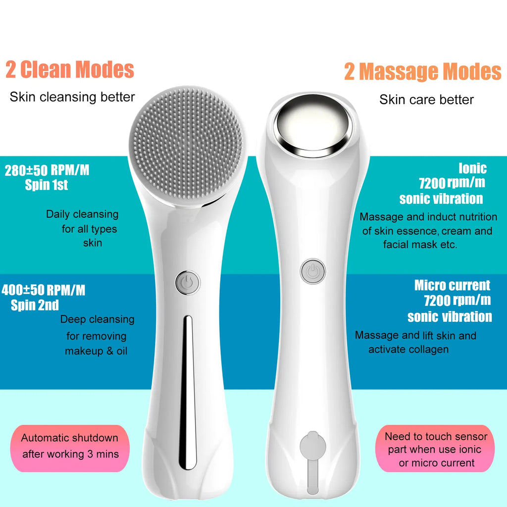 3-in-1 Facial Cleansing Brush - 4 Interchangeable Heads, IPX7 Waterproof Deep Pore Cleaner & Exfoliator