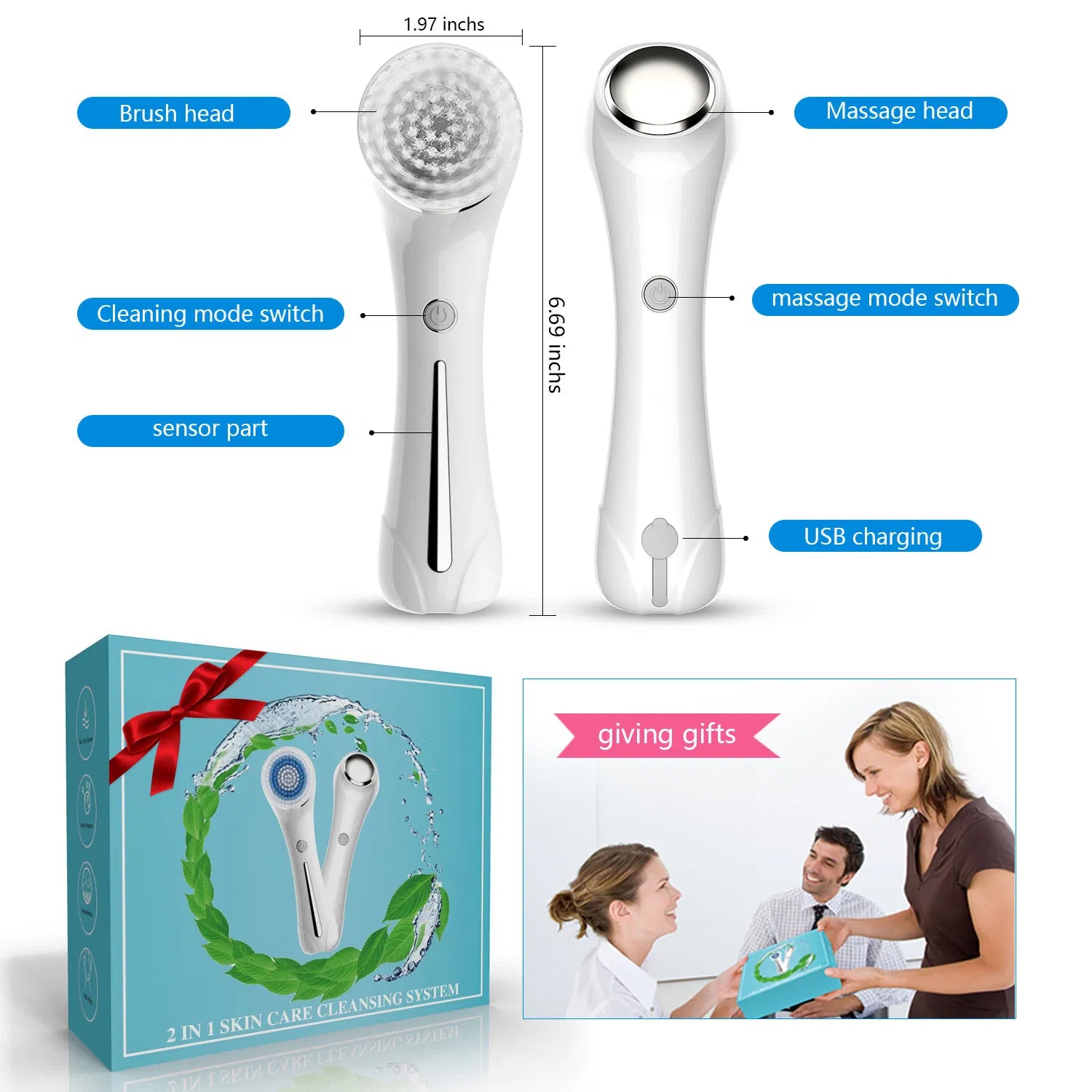 3-in-1 Facial Cleansing Brush - 4 Interchangeable Heads, IPX7 Waterproof Deep Pore Cleaner & Exfoliator