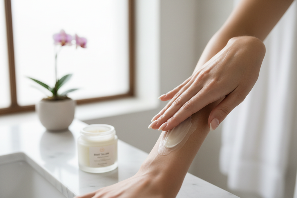Beef Tallow Balm lifestyle application on glowing skin