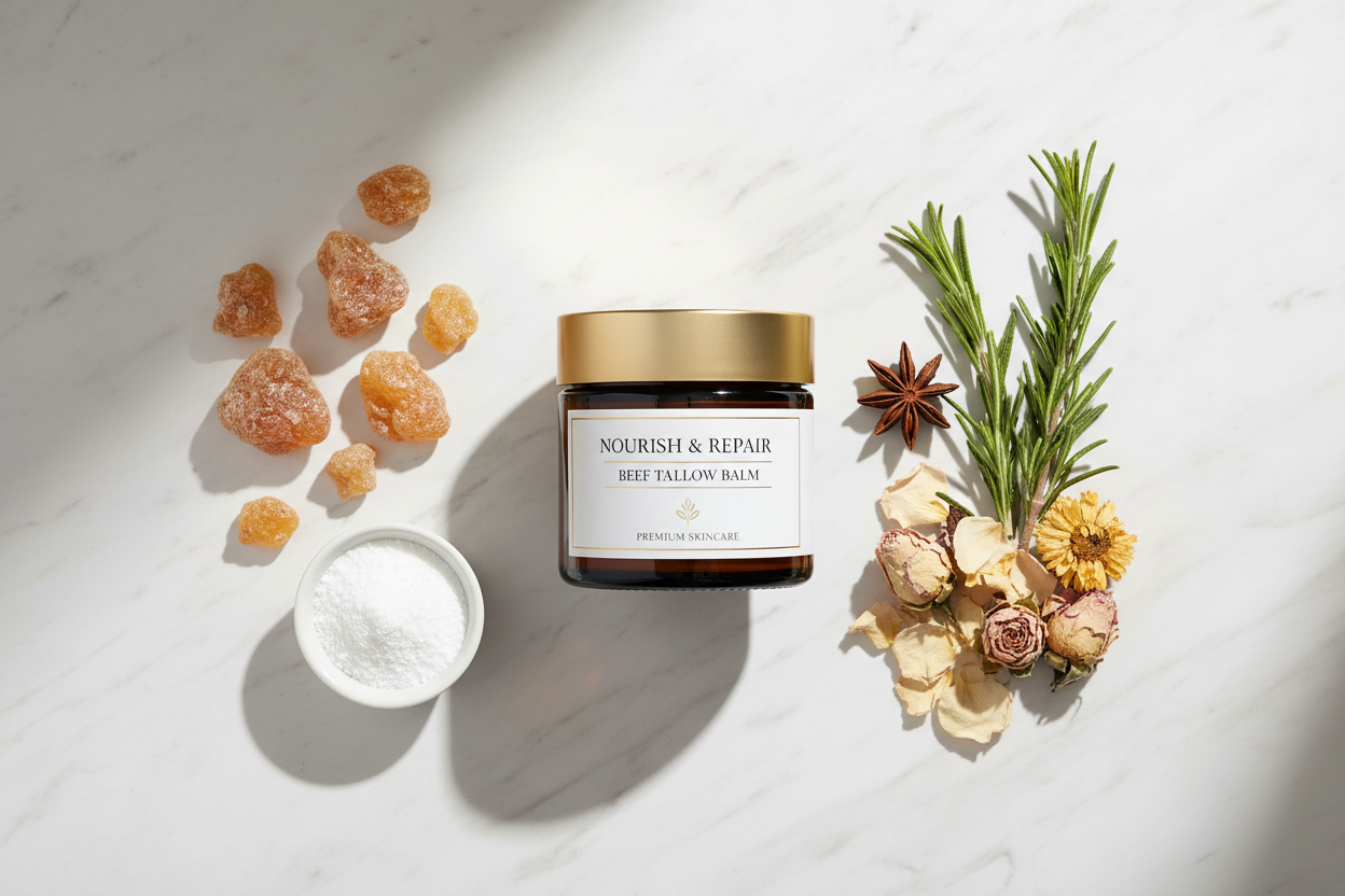 Beef Tallow Balm flat lay with natural ingredients on marble