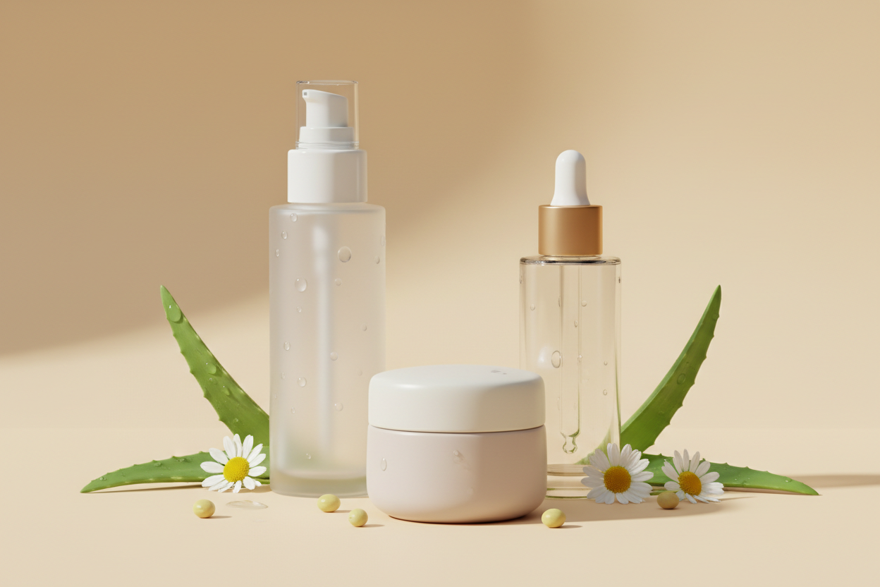 Imagen de productos de belleza con fondo crema